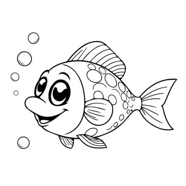 Şirin karikatür balık çizimi siyah beyaz renkli sayfa