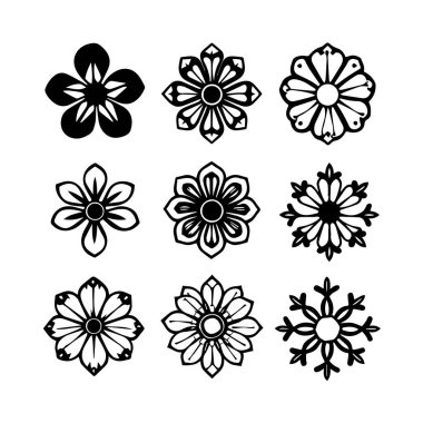 Dekorasyon için dokuz siyah beyaz çiçek ve kar tanesi tasarımı