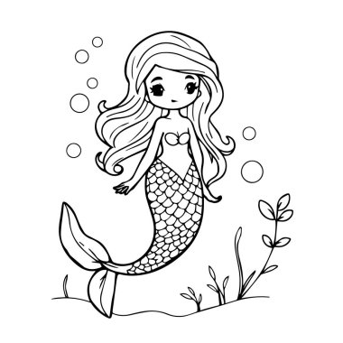 Uzun saçlı silüeti olan sevimli bir denizkızı.