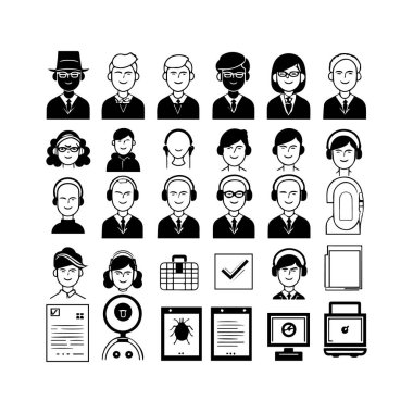 Diverse set of black and white avatar icons for customer service and technology