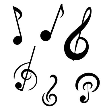 Beyaz arkaplanda basit siyah notalar ve anahtarlar koleksiyonu