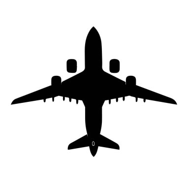 Yukarıdan görülen büyük bir yolcu uçağının siyah silueti.