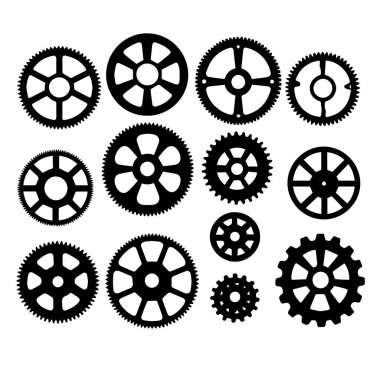 Çeşitli vites siluetlerinin koleksiyonu makine mühendisliği tasarım elementleri silueti