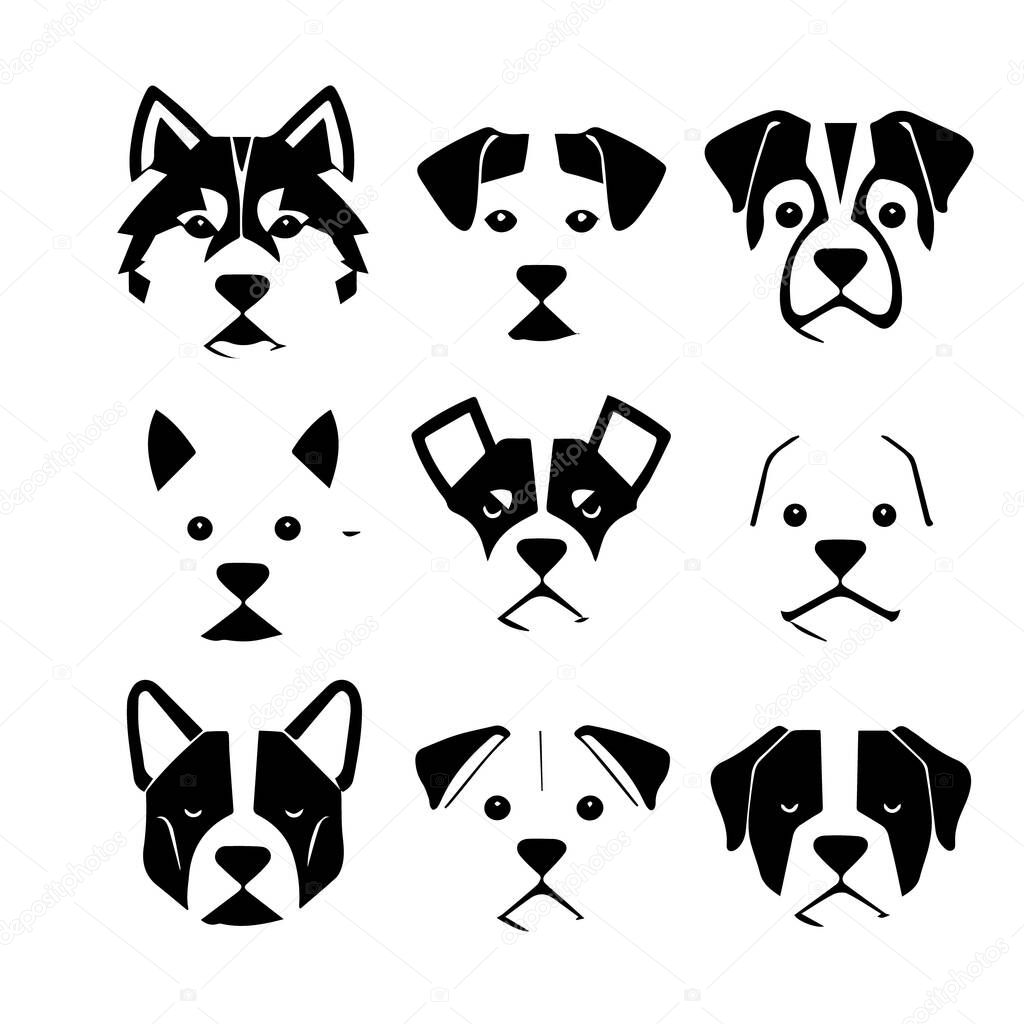 Nine dog breed silhouettes collection minimalist style vector illustration silhouette