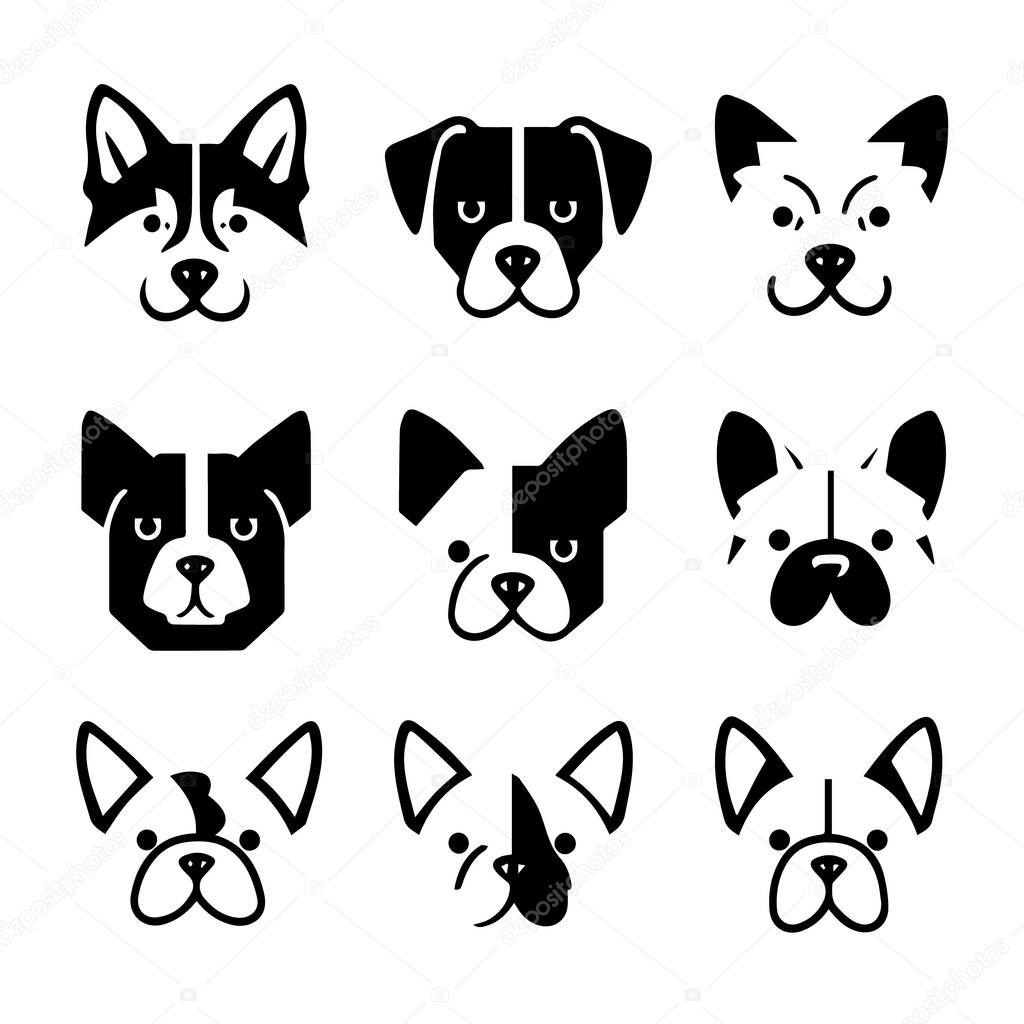 Nine adorable dog breed silhouettes geometric style icons silhouette