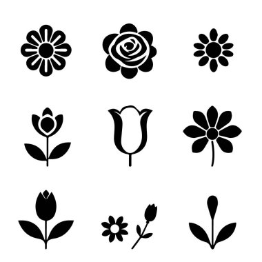 Tasarım projeleri için dokuz basit siyah çiçek simgesi ayarlandı