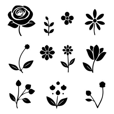 Basit siyah çiçek siluetlerinin toplanması botanik çizimler