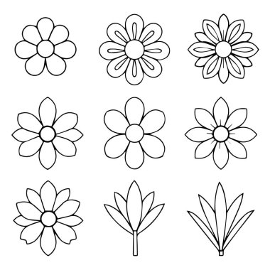 Renklendirme sayfaları için dokuz basit çiçek ve yaprak çizimi