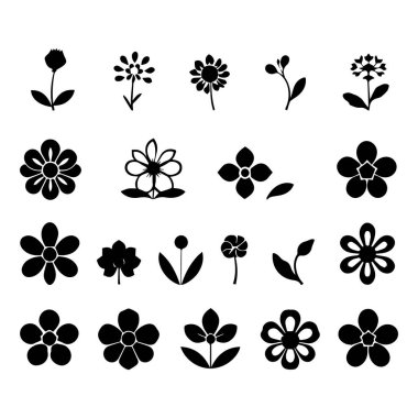 Yirmi adet siyah beyaz çiçek silueti koleksiyonu