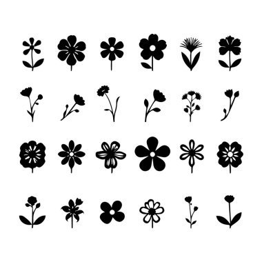 24 basit siyah çiçek siluetinin koleksiyonu