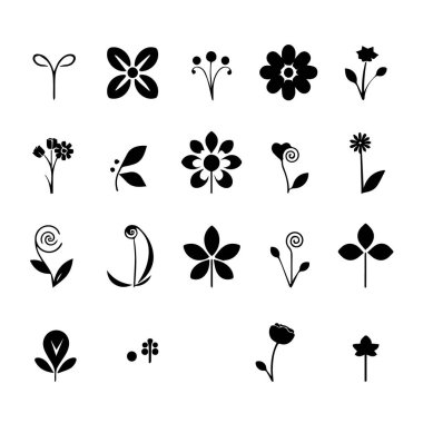 20 basit siyah çiçek ve bitki simgesi koleksiyonu
