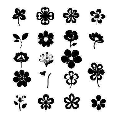 Yirmi adet siyah beyaz çiçek silueti koleksiyonu