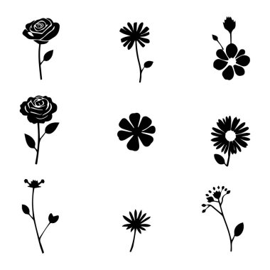 Dokuz basit siyah çiçek silueti botanik çizimler