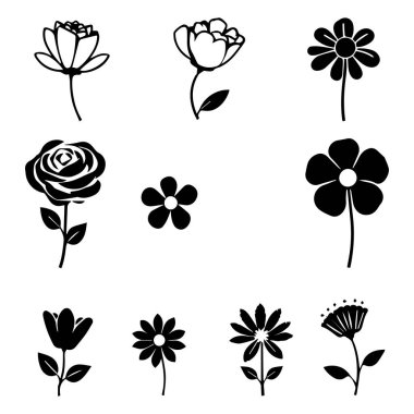 Dokuz basit siyah ve beyaz çiçek simgesi