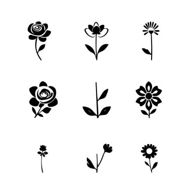Beyaz arkaplanda dokuz basit siyah çiçek simgesi