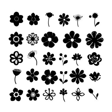 Çeşitli çiçek ve tomurcuklardan oluşan 30 siyah siluet koleksiyonu