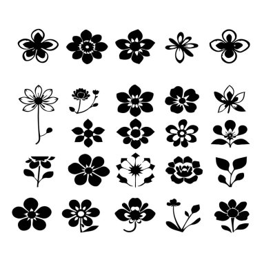 25 adet siyah beyaz çiçek silueti koleksiyonu