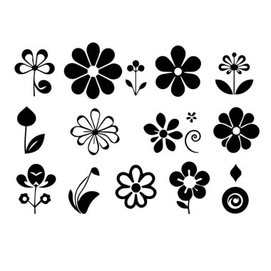 Basit siyah beyaz çiçek ikonları ve çiçek desenleri koleksiyonu