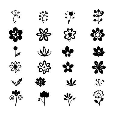 24 basit siyah çiçek ve bitki simgesinin koleksiyonu