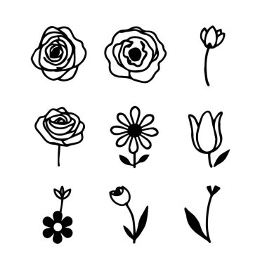 Dokuz basit siyah beyaz çiçek çizimi
