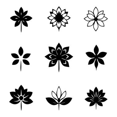 Dokuz eşsiz siyah beyaz çiçek ve yaprak ikonu