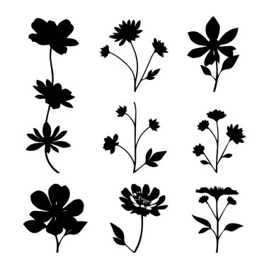 Çeşitli çiçek ve bitkilerden oluşan dokuz zarif siyah siluet.
