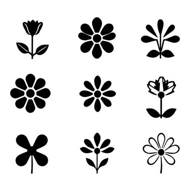 Beyaz arkaplanda dokuz basit siyah çiçek simgesi