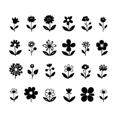 24 basit siyah çiçek simgesinin koleksiyonu