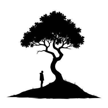 Yalnız bir insan, küçük bir tepede dikilir ve siyah bir siluette belirgin akçaağaç yaprakları olan büyük stilize bir ağaca bakar.