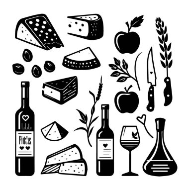 Harika bir peynir koleksiyonu şarap şişeleri elma zeytinleri ve çatal bıçaklar büyüleyici siyah beyaz siluet tarzıyla sunuluyor.