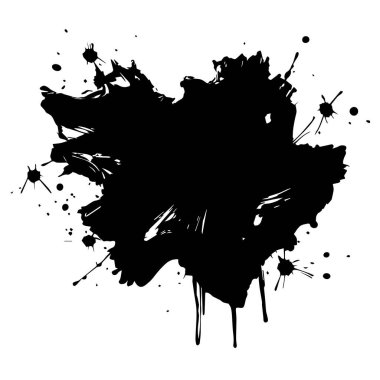 Soyut siyah mürekkep damlaları ve sıçramalarla beyaz arka planda dinamik ve anlamlı bir siluet oluşturur.