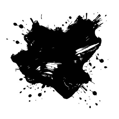Soyut siyah mürekkep sıçraması, dinamik fırça darbeleri ve dağınık damlacıklar, grunge sanatsal siluet etkisi yaratıyor.