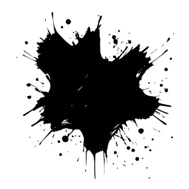 Soyut siyah mürekkep damlayan boya ve dağınık damlacıklar beyaz arka planda dinamik ve enerjik bir siluet oluşturur.