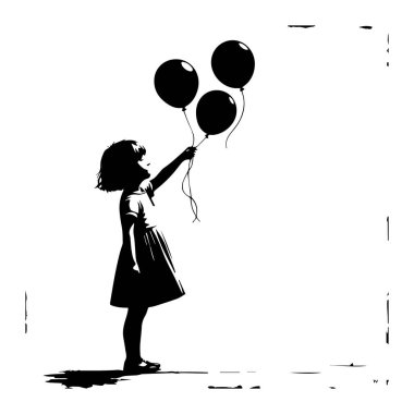 Silüet içinde üç balon tutan genç bir kız parlak beyaz bir arka planda gökyüzüne doğru uzanıyor.