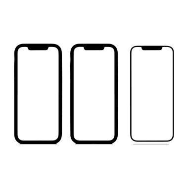 Üç modern akıllı telefon hatları boş ekranlar ve çentikler yan yana minimalist siyah ve beyaz bir siluette sergileniyor.