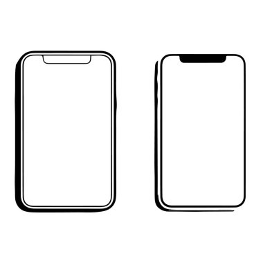 Temiz bir minimalist vektör silüetinde yan yana sunulan boş ekranlı iki modern akıllı telefon taslağı