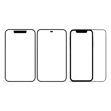 Farklı çentik tasarımları ve ekran kesikleri olan üç modern akıllı telefon hatları temiz bir grafik siluetinde yan yana görüntülenir
