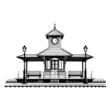 Saat kulesi ve demiryolu rayları üzerinde bankları olan klasik tren istasyonu. Detaylı siyah-beyaz resimli.