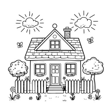 Çekici bir el çizimi, çitleri olan basit bir evin, çiçeklerin, kelebeklerin ve bulutların esrarengiz bir tarzda güneşlendiği basit bir evin.