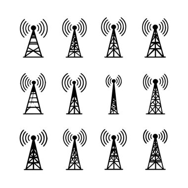 Telekomünikasyon kulelerinin beyaz zemin üzerinde sinyal dalgaları saçan on iki siyah siluet simgesi koleksiyonu