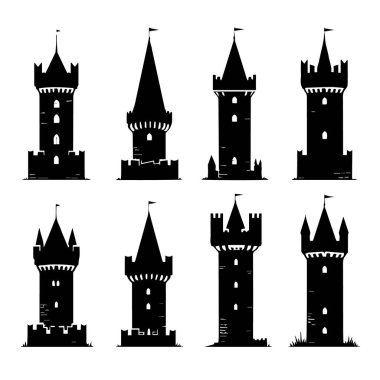 Beyaz arka planda bayraklı sekiz farklı siyah siluet kale kulesi ve kule koleksiyonu