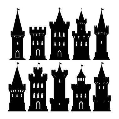 Beyaz arka planda bayrakları ve pencereleri olan siyah siluet ortaçağ kale kuleleri koleksiyonu
