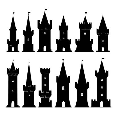Çeşit çeşit siyah siluet kale kuleleri koleksiyonu, beyaz arka planda çatıları işaret ediyor.