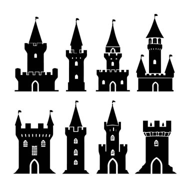 Beyaz arka planda bayrakları ve renellasyonları olan sekiz farklı siyah siluet kale kulesi koleksiyonu