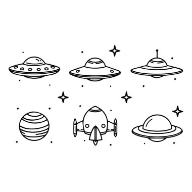Çeşitli uçan dairelerin basit siyah çizgi çizimleri, bir roket gemisi ve çizgili bir gezegen, yıldızlı beyaz bir arka plana karşı.