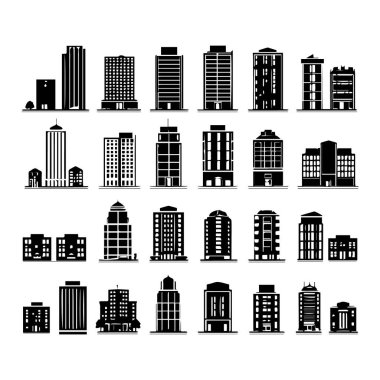 Kentsel tasarım için çeşitli mimari tarzları ve yükseklikleri temsil eden çeşitli siyah beyaz siluet yapı ikonları koleksiyonu