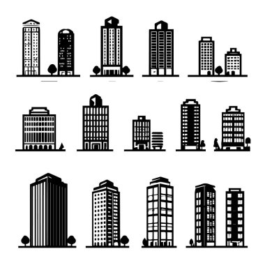 Şehir binalarının çeşitli modern ve klasik mimari tarzlarını temsil eden siyah beyaz siluet simgelerinden oluşan bir koleksiyon.