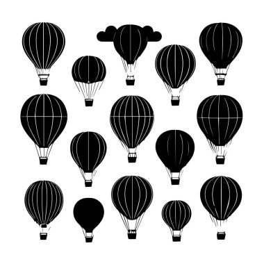 Beyaz arka planda yüzen sepetli ve gondollu çeşitli siyah balon siluetleri koleksiyonu