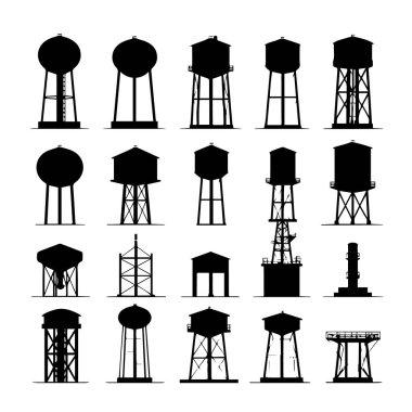 Beyaz zemin üzerinde çeşitli tasarım ve yapılara sahip siluetli su kuleleri koleksiyonu