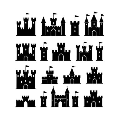 Beyaz arkaplan üzerinde bayraklar ve çelenklenmiş kuleler bulunan çeşitli siyah siluet kale simgelerinin koleksiyonu